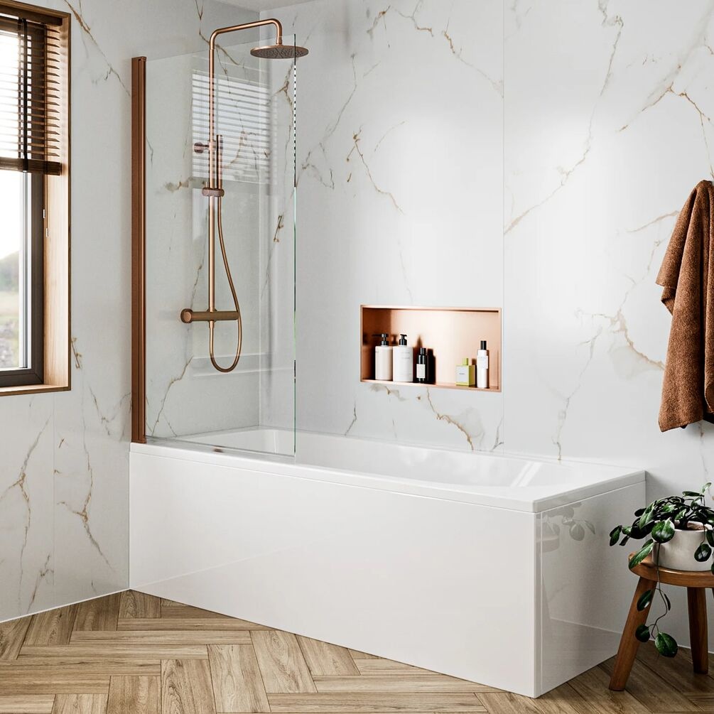 Lifestyle image of Crosswater Clear 6 Brushed Bronze Single Panel Hinged Bath Screen